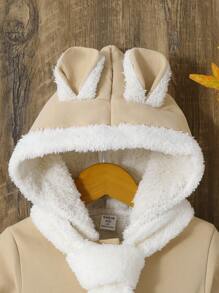 SHEIN Conjunto de otoño-invierno para niña con chaqueta polar caqui/marrón, bonito gorro de orejas de conejito peludo blanco, bufanda blanca informal elegante y abrigo estilo chaleco con botón, ideal para exteriores y vacaciones - Albaricoque - Ver 4
