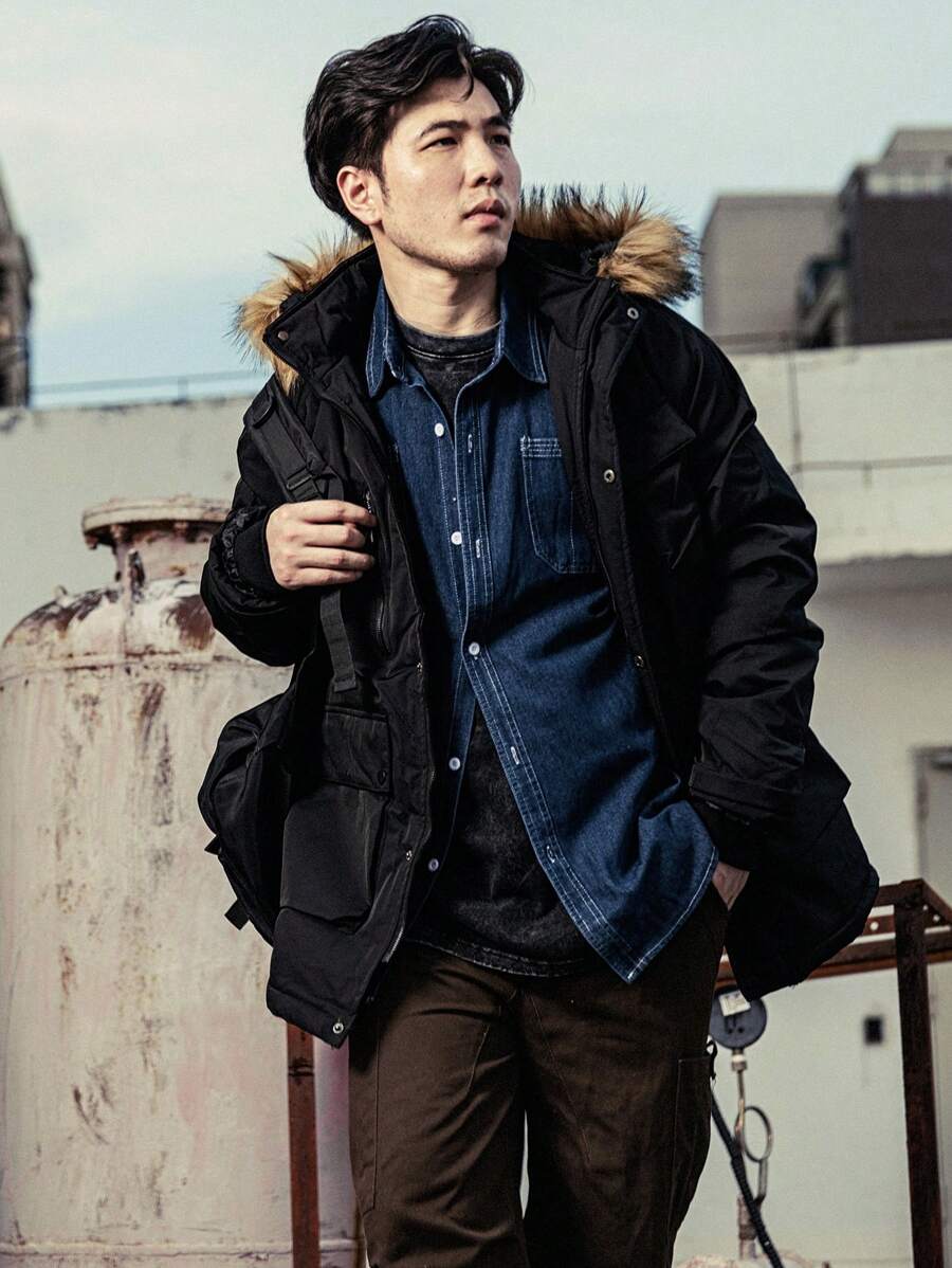 Manfinity Homme Men Solid Fuzzy Trim Hooded Flap Pocket Padded Coat - Black - View 1