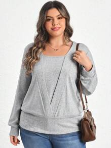 SHEIN LUNE Plus Solid Square Neck Sweatshirt - Grey - View 4