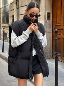 DAZY 拉链按扣抽绳下摆背心棉服外套，冬季女装，棉服女式夹克 - 黑色 - 查看 3