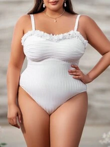 SHEIN Swim Curve 大码贴花纹理连体泳衣，适合夏季海滩度假 - 白色 - 查看 1