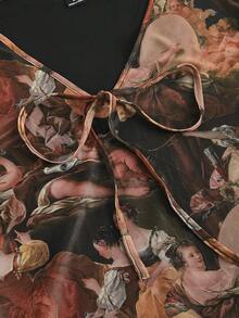 SHEIN MOD Plus Figure Graphic Flounce Sleeve Knot Front Mesh Dress - Multicolor - View 4