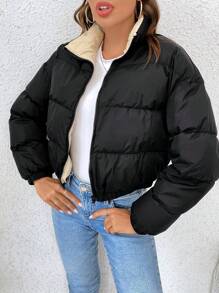 SHEIN Frenchy 冬季拉链短款夹棉大衣 - 黑色 - 查看 5
