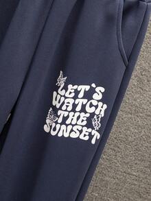 男大童字母圖案袋鼠口袋連帽衫和運動褲 - 藍色 - 查看 6