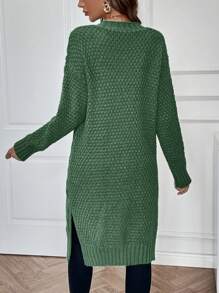 SHEIN Privé Cable Knit Drop Shoulder Split Hem Cardigan - Green - View 2