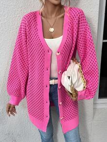 SHEIN Essnce Drop Shoulder Button Front Cardigan - Pink - View 3