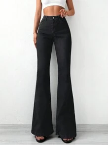 EURMUSE Solid Flare Leg Jeans - Black - View 4