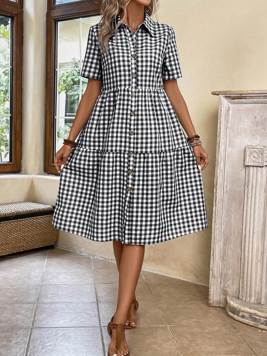 EMERY ROSE Gingham Print Button Front Ruffle Hem Smock Dress - Black and White - View 1