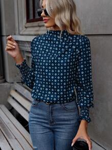 SHEIN Clasi 全身印花立领主教袖衬衫、长袖上衣