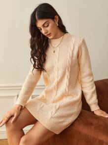SHEIN Frenchy Solid Cable Knit Sweater Dress Without Belt - Apricot - View 8