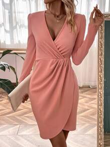 SHEIN Clasi Surplice Neck Wrap Hem Dress - Dusty Pink - View 1