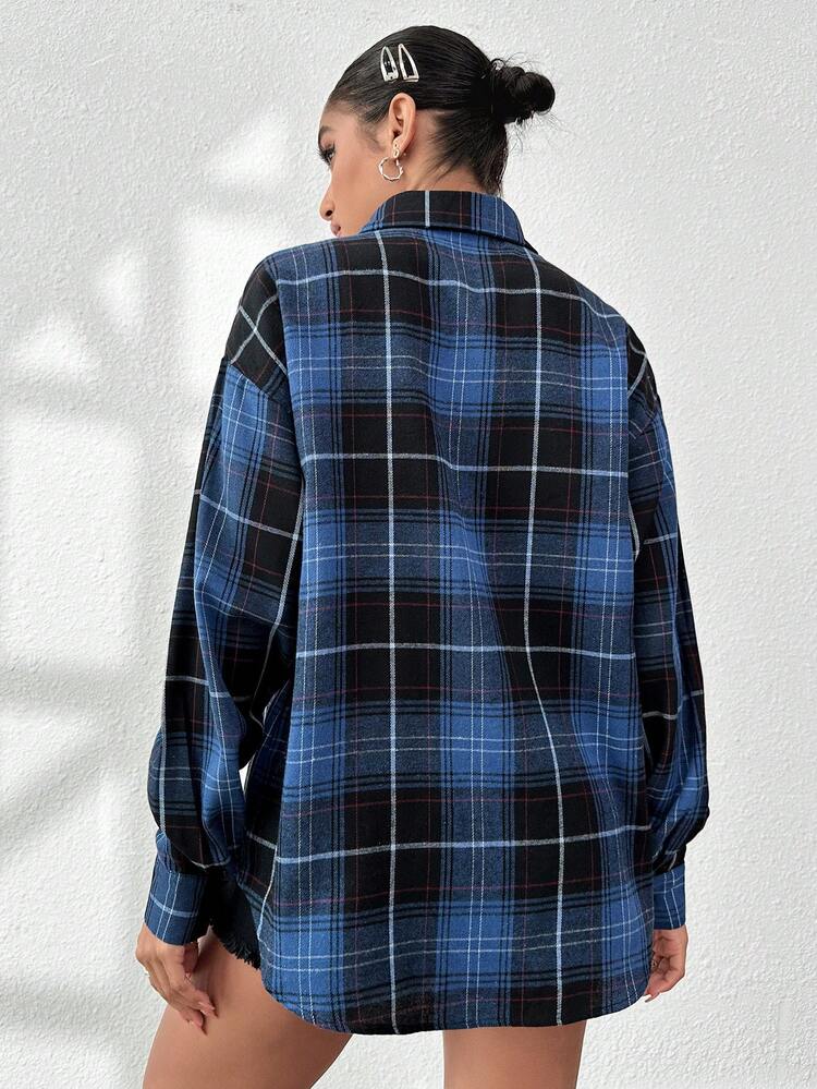 Plaid Print Letter Patched Detail Drop Shoulder Coat Fall Cloth For Women