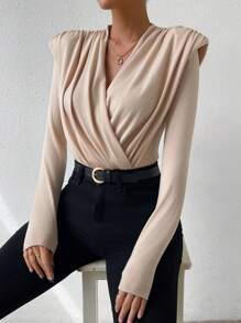 SHEIN Privé 素色墊肩T恤 - 杏色 - 查看 7