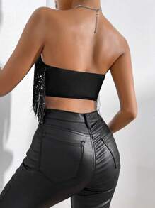 Allurite Fringe Trim Crop Tube Top For Holiday Party Clothes