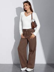 SHEIN EZwear 純色 V 領蓬鬆針織短款毛絨運動衫 - 白色 - 查看 6