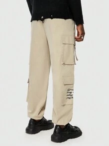 ROMWE MEN Street Life Các bạn Đồ họa Khẩu hiệu Túi nắp bên cạnh Eo dây rút Quần Cargo - Màu Khaki - Xem 4
