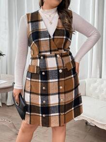 Flirla Plus Plaid Print Double Breasted Dress Without Tee - Multicolor - View 4