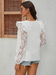 Blusa con volantes y encaje - Blanco - Ver 2