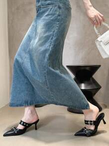 Giày cao gót mũi nhọn màu đen cho nữ có trang trí kim loại, giày lười hở lưng thoải mái khi đi ngoài trời, mùa xuân, mùa hè, mùa thu, thanh lịch, dự tiệc - màu đen - Xem 6