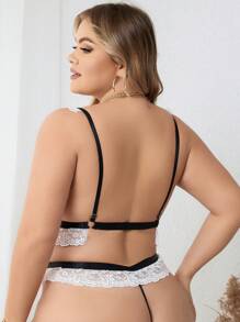 Plus Contrast Lace Mesh Lingerie Set - Black and White - View 2