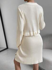 SHEIN LUNE 荷葉邊條紋針織毛衣洋裝 - 米色 - 查看 2