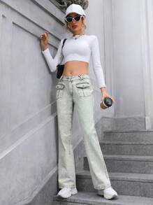 SHEIN Privé Flap Pocket Straight Leg Jeans - Green - View 6