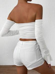 Chiquease Off Shoulder Knot Front Flare Sleeve Ruched Bust Crop Tee - White - View 2