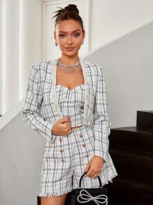 SHEIN Privé 格子圖案毛邊短款大衣 - 白色 - 查看 5