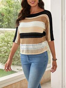 EMERY ROSE Colorblock Batwing Sleeve Pointelle Knit Sweater - Multicolor - View 6