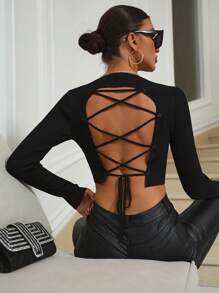 Zolique 系带露背短款针织套头衫，适合秋冬季穿着 - 黑色 - 查看 1