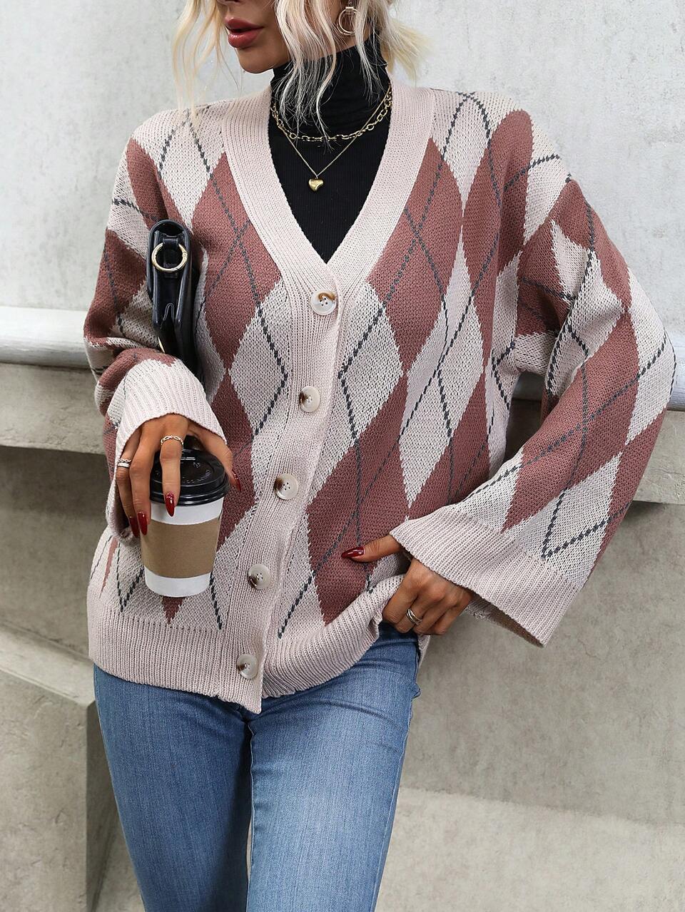 Argyle Pattern Drop Shoulder Cardigan Fall Cloth For Women