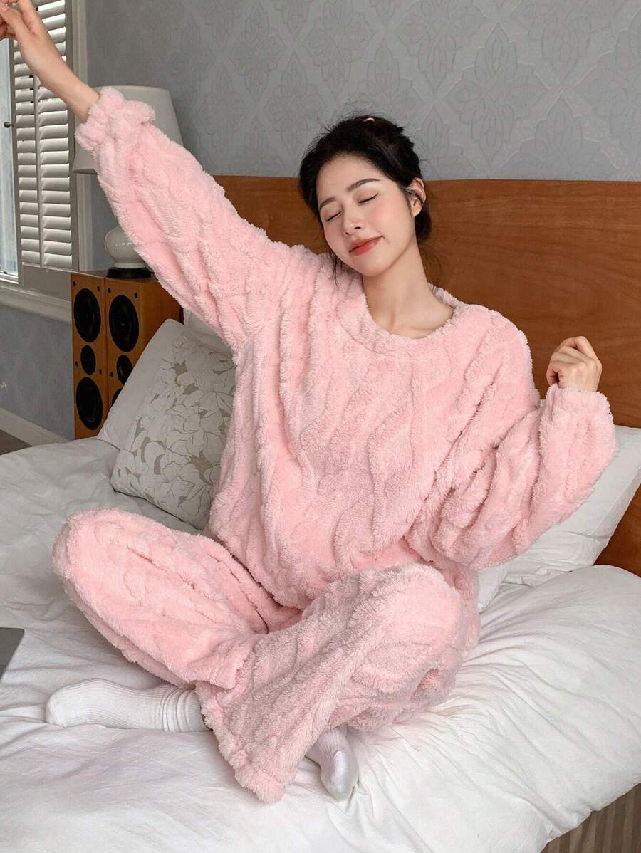 DAZY Solid Drop Shoulder Flannel PJ Set Fall,Winter - Pink - View 1