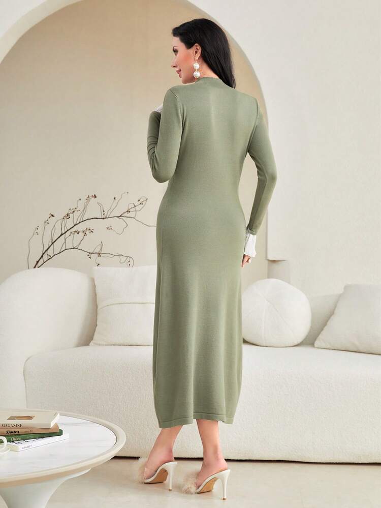 Contrast Cuff Mock Neck Sweater Dress Without Belt Fall Cloth For Women