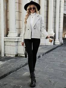 SHEIN LUNE Lapel Neck Drop Shoulder Double Button Jacket - Light Grey - View 5