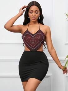 VaVaBold Rhinestone Heart Pattern Tie Backless Halter Neck Backless Dress