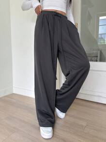 DAZY 素色腰部抽繩闊腿褲 - 深灰色 - 查看 6