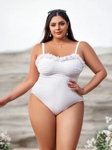 SHEIN Swim Curve 大码贴花纹理连体泳衣，适合夏季海滩度假 - 白色 - 查看 3