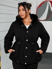 Muchica Plus Size Fuzzy Trim Hooded Padded Coat, na zimę