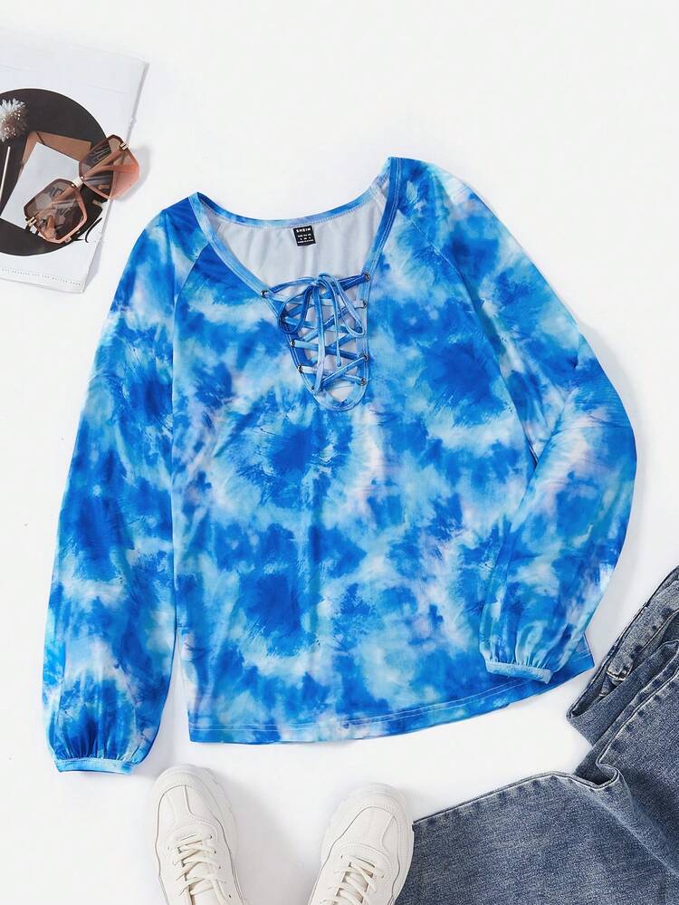 Tie Dye Lace Up Front Tee Fall Cloth For Women