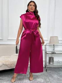 SHEIN Clasi Plus Mock Neck Belted Satin Wide Leg Jumpsuit - Hot Pink - View 5