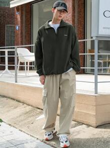 DAZY Áo sweatshirt nam cổ lửng có khóa kéo, in chữ, kiểu dáng thường ngày. - xanh quân đội - Xem 5