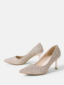 SheIn Belle Quý cô Đúng mốt Cao gót Giường đơn Giày dép Với Tuyệt đẹp Đồ trang trí Rhinestone Đối với Bốn Ngoài trời Mặc - Rượu sâm banh - Xem 7