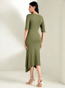 Modelyn 素色不對稱下擺洋裝 - 軍綠色 - 查看 2