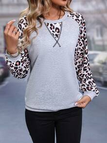 SHEIN LUNE Leopard Print Raglan Sleeve Sweatshirt - Grey - View 4