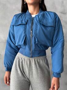 RueChic Flap Pocket Drop Shoulder Crop Bomber Jacket