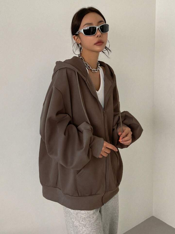 DAZY ドロップショルダー ドローストリング ジッパーサーマル パーカー DAZY ジップアップ ドロップショルダー ドローストリング