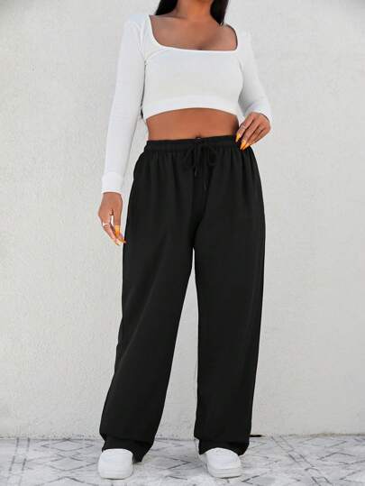 EURMUSE Women's  Plus Size  Loose Fit Casual Straight Leg Pants With Drawstring Waist And Slanted Pockets