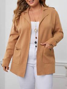 EMERY ROSE Plus Size Dual Pocket Drop Shoulder Cardigan - Khaki - View 1
