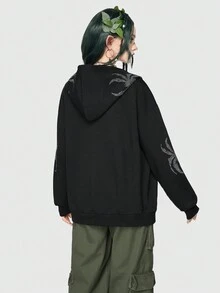 ROMWE Fairycore Zip Up Rhinestone Spider Graphic Hoodie - Black - View 3