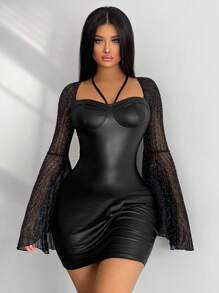 VaVaBold 性感網拼接 後系帶純色女士連衣裙 - 黑色 - 查看 1